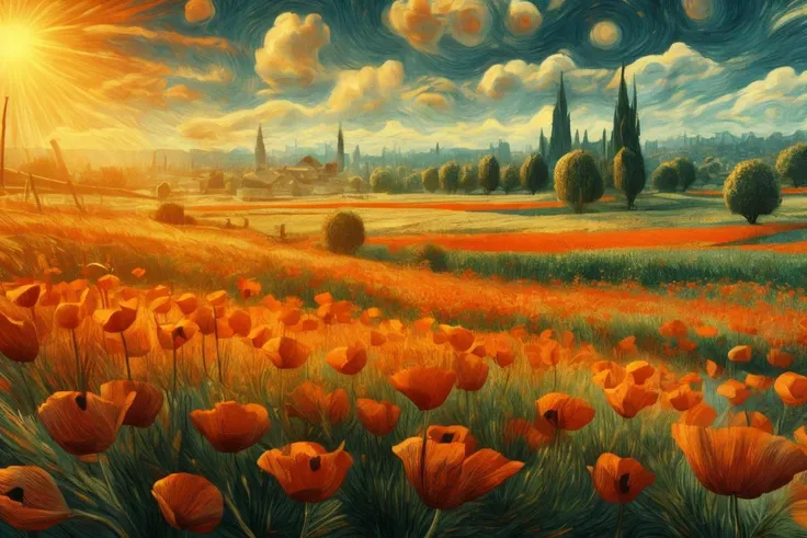 painting of a field of poppies with a sun in the background