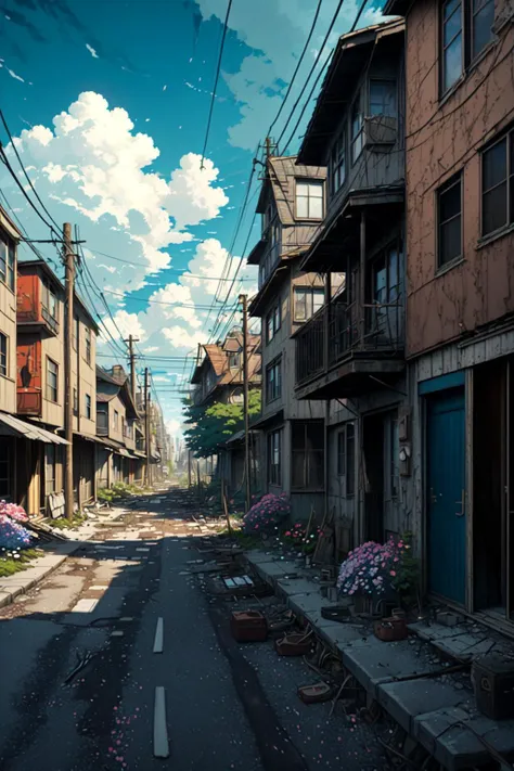 there is a picture of a street with a bunch of flowers on the side