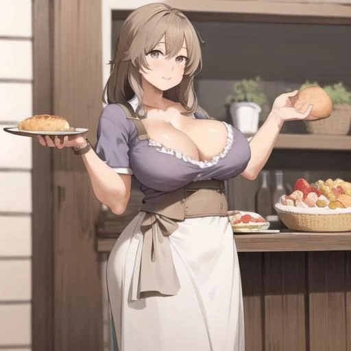 anime girl in maid outfit holding a plate of food in front of a counter