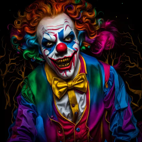 clown with colorful hair and clown makeup standing in front of a full moon, scary clown, portrait death clown, portrait skull cl...