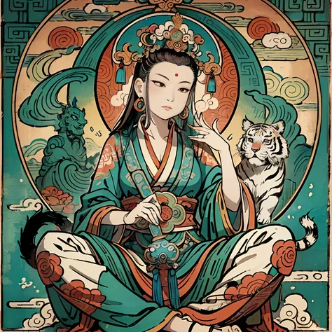 an ancient chinese goddess, guanyin of the southern seas, guanyin, inspired by india, avalokiteshvara rides a tiger，,serene expr...