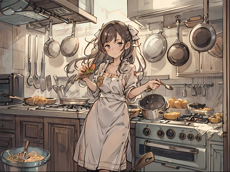 teenage woman dressed rough in kitchen、in a sophisticated atmosphere、it depicts them skillfully cooking pasta and italian cuisin...