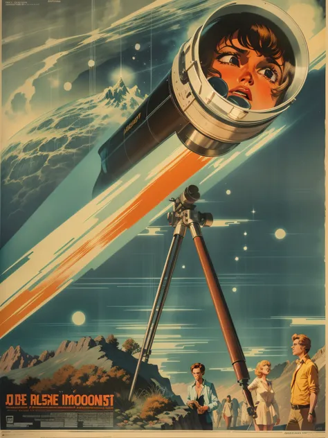 a closeup of a poster with a telescope, direction: antoine ignace melling, vintage poster, direction: andré beauneveu, french fi...