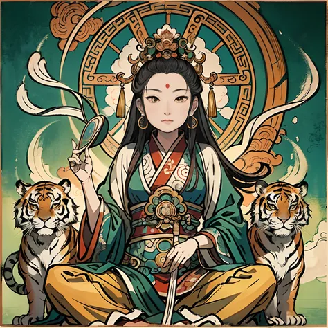 an ancient chinese goddess, guanyin of the southern seas, guanyin, inspired by india, avalokiteshvara rides a tiger，,serene expr...