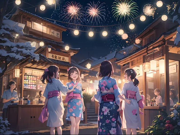 local summer festival night、fantastic lights illuminate the surroundings、teenage girls are going around the stall in yukata and ...