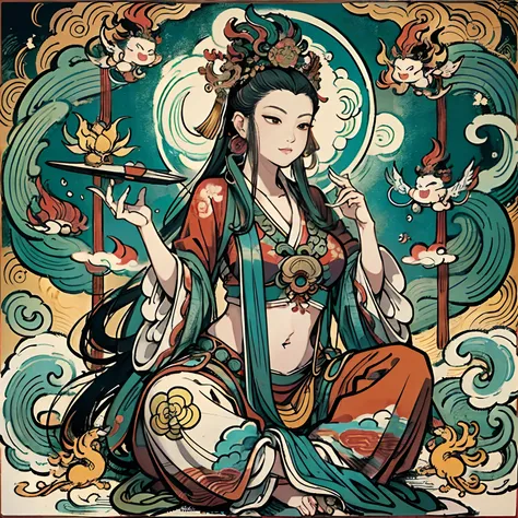 an ancient chinese goddess, guanyin of the southern seas, guanyin, inspired by india, avalokiteshvara rides a phoenix，,serene ex...