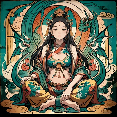 an ancient chinese goddess, guanyin of the southern seas, guanyin, inspired by india, avalokiteshvara rides a dragon，,serene exp...