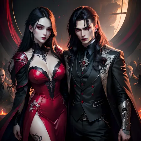 Create two vampires who have just woken up from a deep sleep,Full body low angle shot of intimidating vampire,One is a handsome ...
