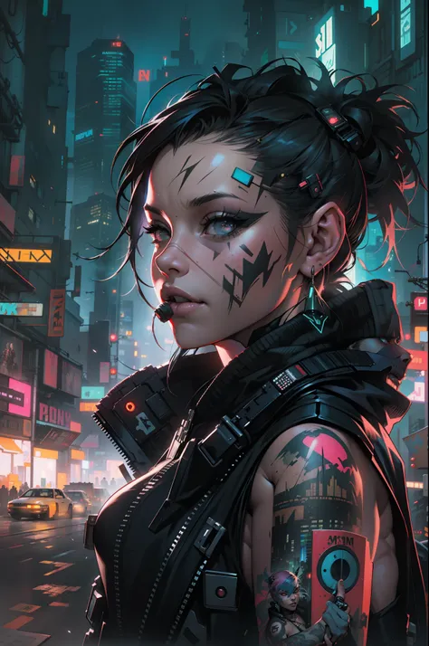 cyberpunk portait beautifull woman, night cyberpunk city skyline, snthwve style nvinkpunk, by jeremy mann, by sandra chevrier, b...