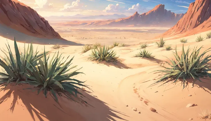 ((vast desert)),oasis in the desert.desert cactus ,sprawling，empty，（sand），（nohumans），desolated，blurryforeground，depth of fields，...