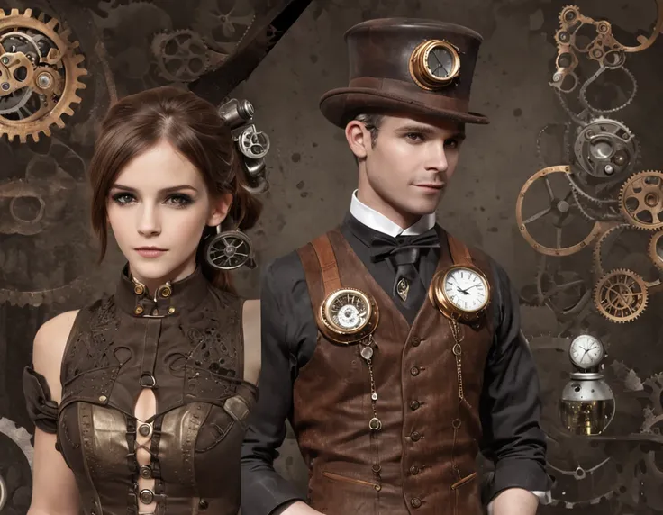 emma watson, ::style steampunk, estilo realista, ::focus, ::n_style deformed hands, rosto deformado, pintura digital, deformed p...