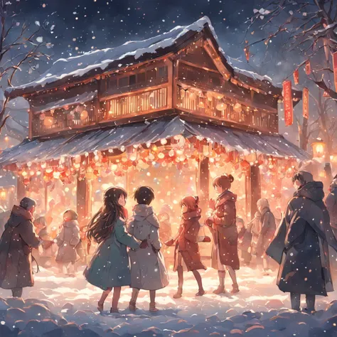 in the snowy winter scene，people celebrate the festival happily，decorated with ornate houses。the paintings vividly show people h...