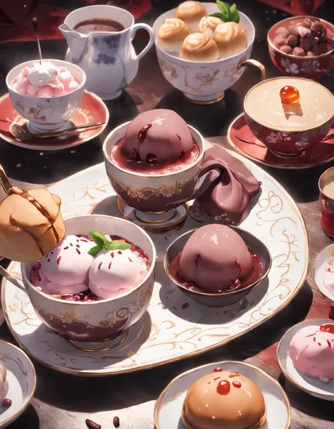 an afternoon tea，red beans，ice powder，sweet duck，ice cream cups，