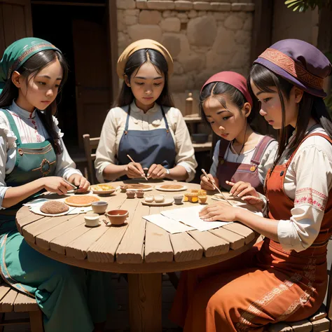 5 young women sitting at a table making handicrafts