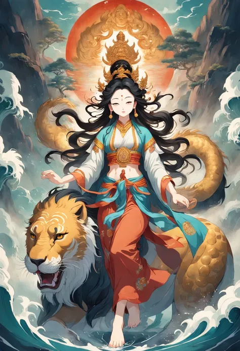 an ancient chinese goddess, guanyin of the southern seas, guanyin, inspired by india, avalokiteshvara rides a lion，,serene expre...