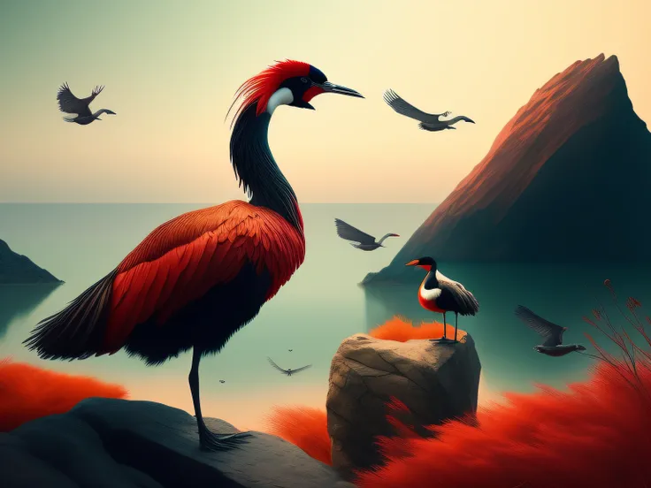 there is a one-legged red-crowned crane standing on a rock in the grass, a digital painting inspired by mike winkelmann, cgsocie...