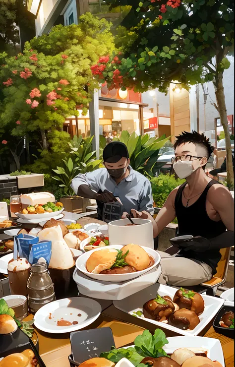 several people sitting at a table with food and drinks, people outside eating meals, nostalgic feeling, photo taken in 2 0 2 0, ...