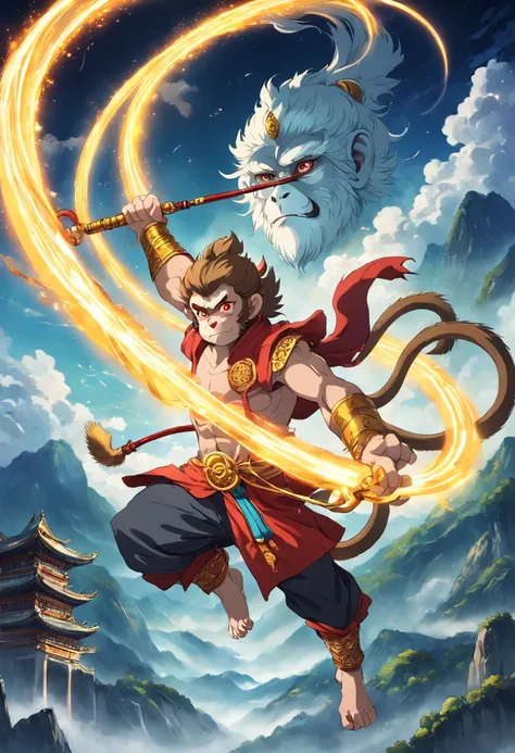 monkey king with a ruyi golden hoop rod flying in the sky