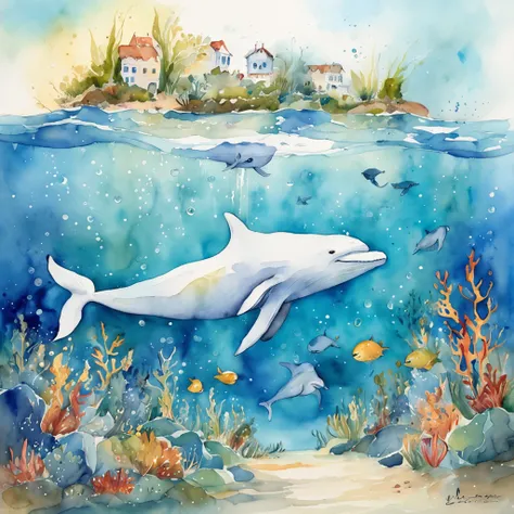 illustration：girl in white swimming with whales at the bottom of the sea，the whale jumped out, the bubbles around the surface of...