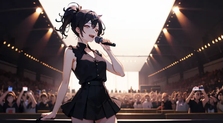 (4k, best picture quality, a high resolution:1.1), (masterpiece:1.1)，concert scene，the lighting is perfect，kizi，black color hair...