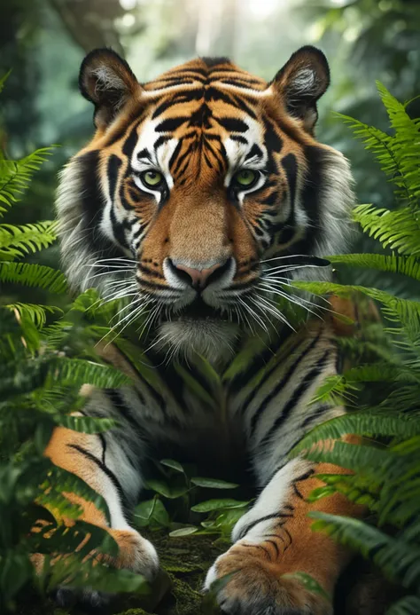 high nation-geographic symmetrical close-up portrait shoot in green jungle of an expressive tiger, anamorphic lens, ultra-realis...