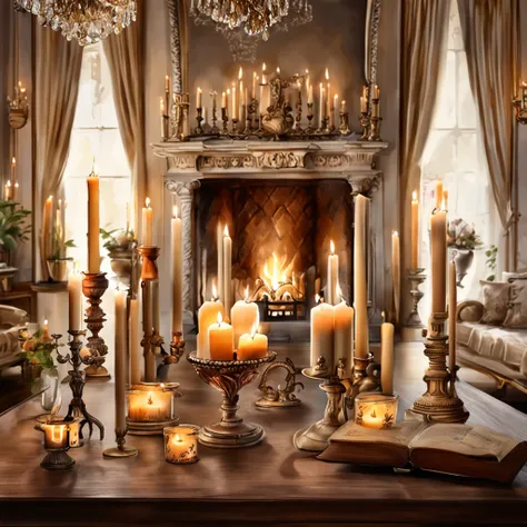 candles are lit in front of a fireplace with a mantle, candles. baroque elements, room full of candles, cozy candlelight, in a r...