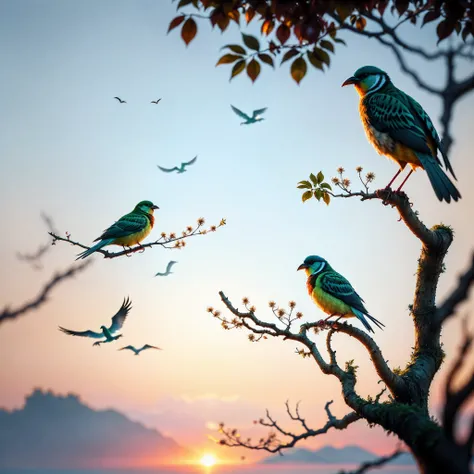 2bird sitting on a branch of tree, beautiful, peaceful, morning light, close up, volumetric color, dynamic lighting, cinematic, ...