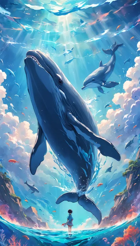 painting of dolphins swimming in colorful ocean, look up at the composition, jellyfish and whales in the sky, inspired by cyril ...