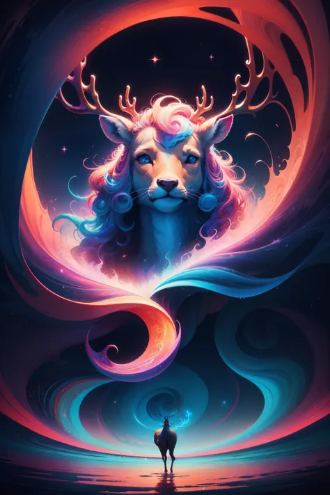 (psychedelic painting of a deer standing in front of a colorful swirl), ((multi-slit big antlers, stag, big head)), light and sh...