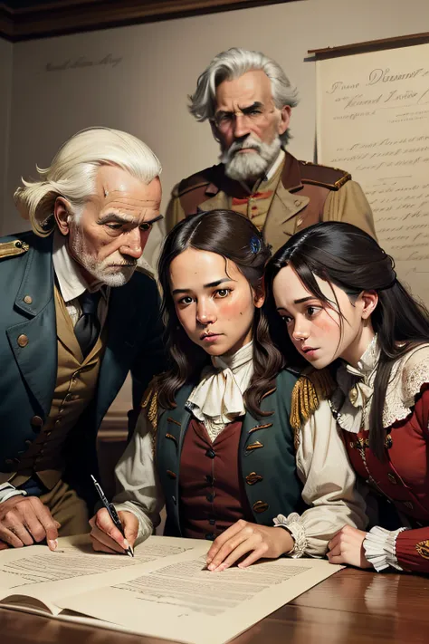 create illustrations in war poster style，depicts three citizens of the american colony signing the declaration of independence i...