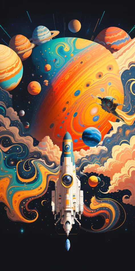 space-themed poster with rockets and planets, cosmic and colorful, space colors, space travelling, space graphics art in backgro...