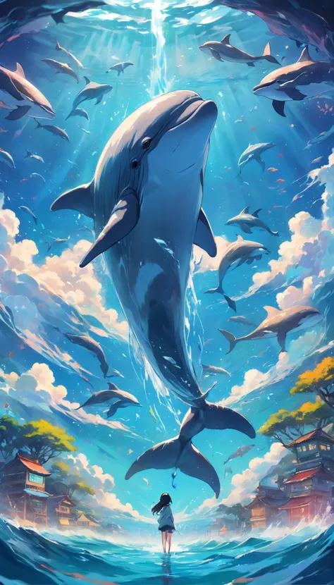 painting of dolphins swimming in colorful ocean, look up at the composition, live water and whales from the sky, inspired by cyr...