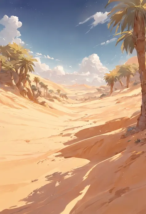 yellow sand in the sky，the backdrop is a vast desert, desert oasis，richcolors，digital landscape art, detailed scenery—width 672,...