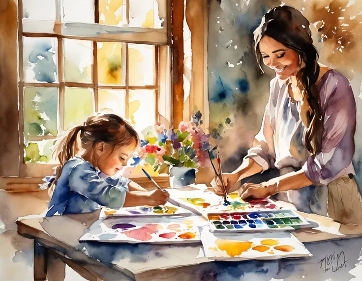 create an artistic room with beautiful light coming in through the window, mesa com tintas, brushes, black mother and daughter p...