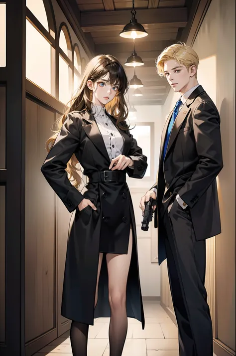 Masterpiece, best quality, 1 boy and 1 girl, short blonde hair, long wavy black bang hair, (Partner in crime), boy is taller, 18...