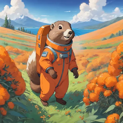 A marmot in an orange spacesuit stands in a sea buckthorn field，looking at the distance，With a smile，Orange spacesuit，Faraway vi...