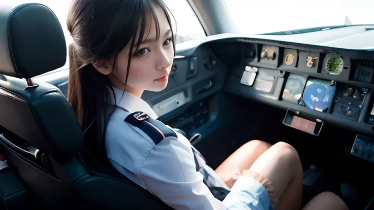 close up portrait of woman sitting in airplane cockpit, cute pilot girl, pilot girl, girl wearing school uniform, portrait of cu...