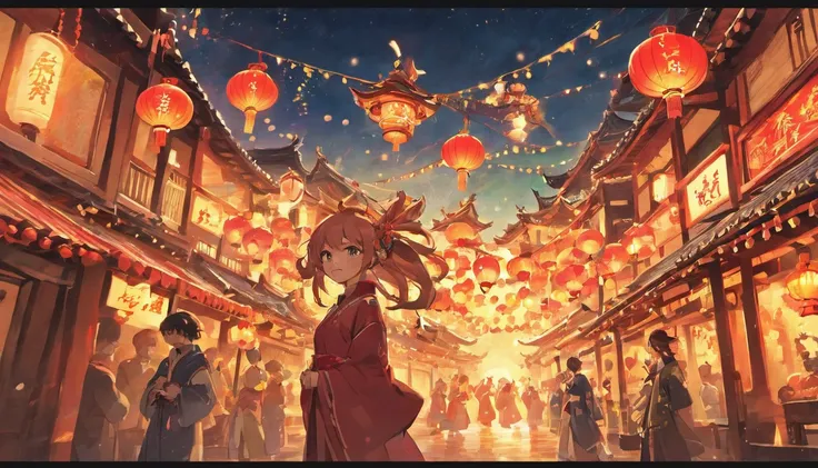 new year，chinese-style town，nigh sky，decorations，hanging chinese lanterns，fire works，no man，a chinese dragon