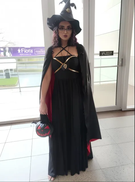 Araffe dressed in a black dress and a black hat and cape, Em um estilo de Halloween, dressed as an oracle, em um vestido extrava...