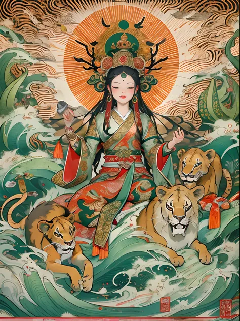 an ancient chinese goddess, guanyin of the southern seas, guanyin, inspired by india, avalokiteshvara rides a lion，,serene expre...