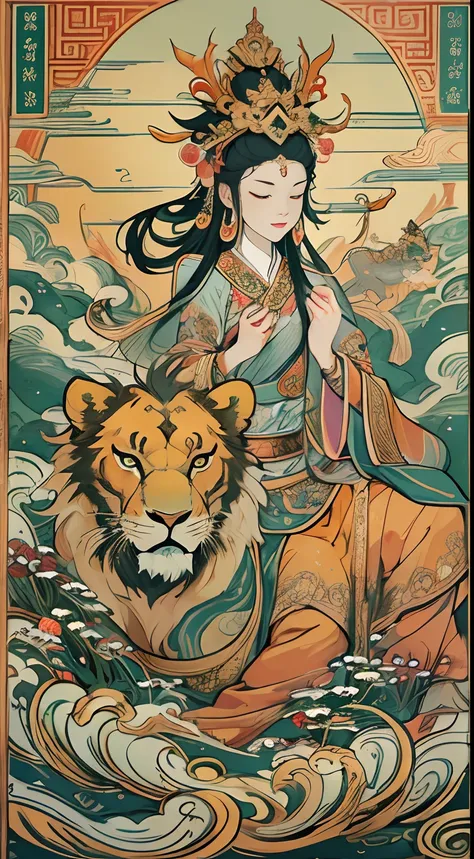 an ancient chinese goddess, guanyin of the southern seas, guanyin, inspired by india, avalokiteshvara rides a lion，serene expres...