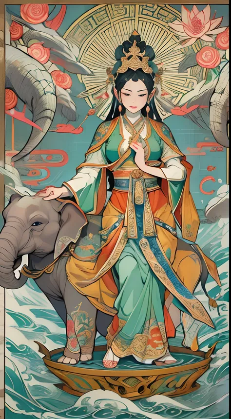 an ancient chinese goddess, guanyin of the southern seas, guanyin, inspired by india, avalokiteshvara rides an elephant，,serene ...