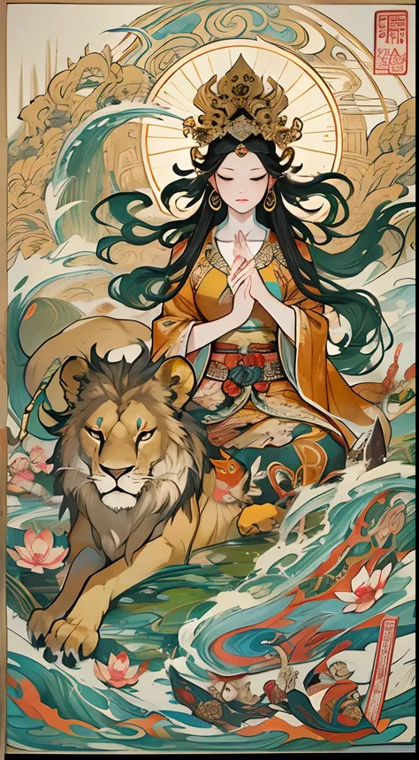 an ancient chinese goddess, guanyin of the southern seas, guanyin, inspired by india, avalokiteshvara rides a lion，serene expres...