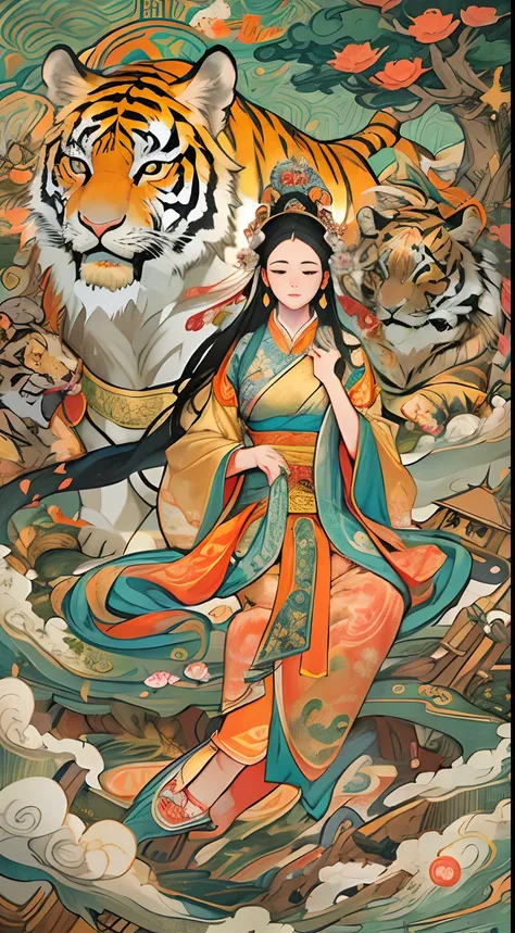 an ancient chinese goddess, guanyin of the southern seas, guanyin, inspired by india, avalokiteshvara rides a tiger，,serene expr...