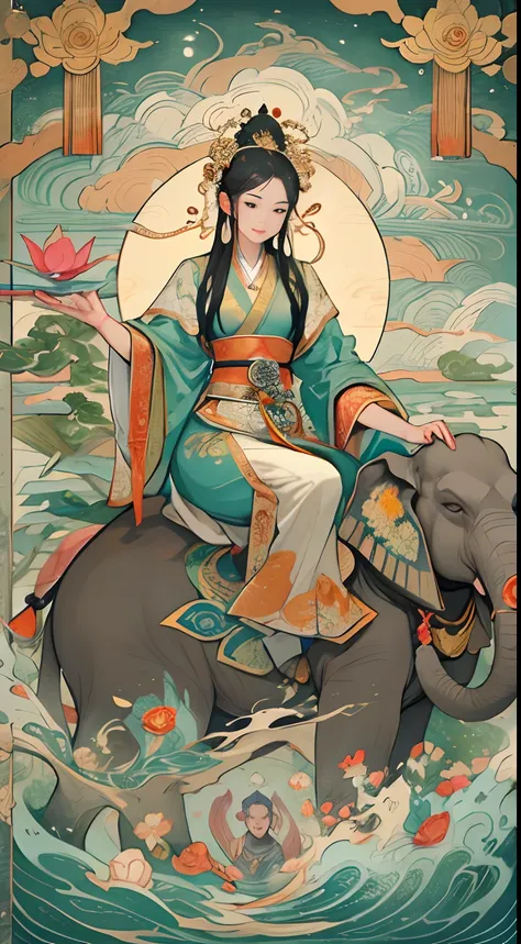 an ancient chinese goddess, guanyin of the southern seas, guanyin, inspired by india, avalokiteshvara rides an elephant，,serene ...