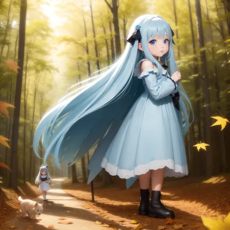 cute little girl and puppy　light blue long hair、black eyes、large in the center　stroll through the forest of autumn leaves　fairy ...