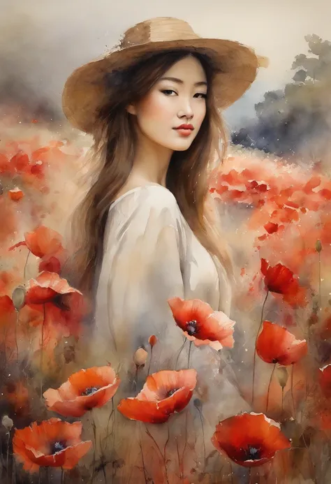 japanese girl  in poppy field, (((nude))). masterpiece.