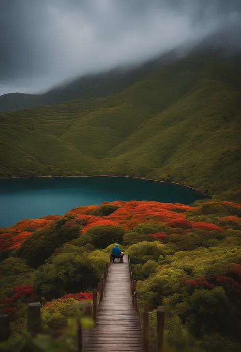 homem segurando uma madeira em cima de rocha perto de um lago