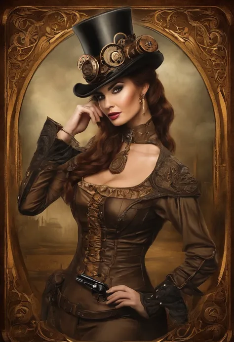 there was a man in a steampunk hat，woman with a gun., steampunk girl, wearing steampunk attire, teenage inventor steampunk, (ste...