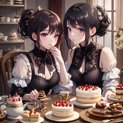 8k分辨率、（two girls eating cake）、background of sweets、heavy cream、layered backgrounds、（fairytale background）、​masterpiece、animesque...